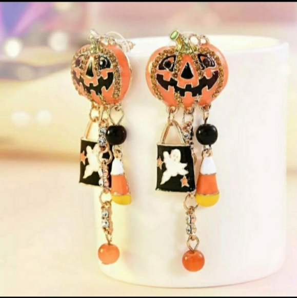 Orange Jack-o-lantern Halloween Candy Rhinestone Dangle Drop Stud Earrings - Picture 6 of 11